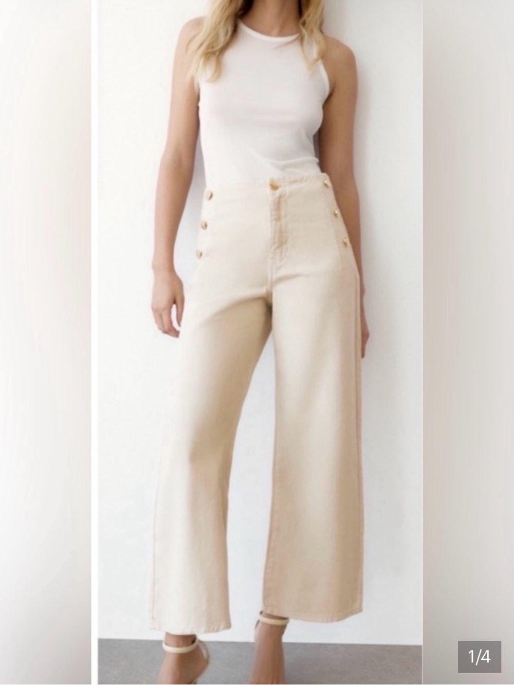 Zara Cream Wide-Leg Button-Hem Jeans